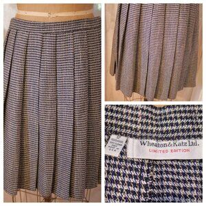 Vintage Wheaton & Katz Black Gray Plaid Wool FULL Pleated Skirt Academia 12 USA